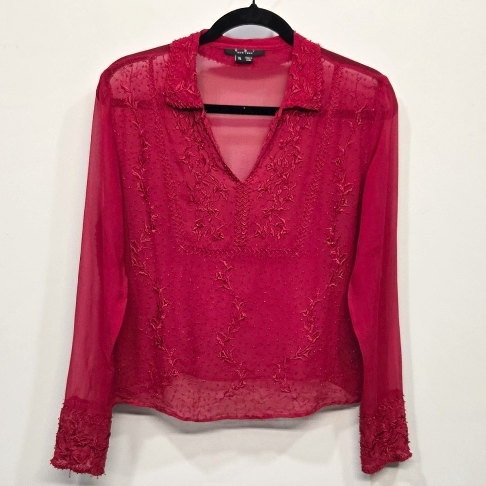 VTG Y2K ECI New York Sheer Silk‎ Embellished Top XL Red Chiffon Romantic Fairy
